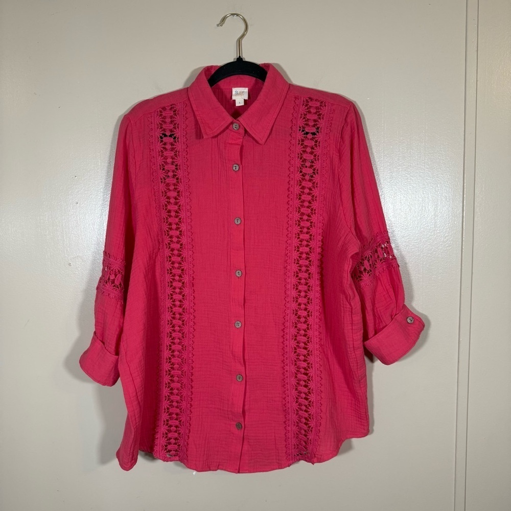 NWOT Surf Gypsy pink light spun button down 3/4 sleeve top